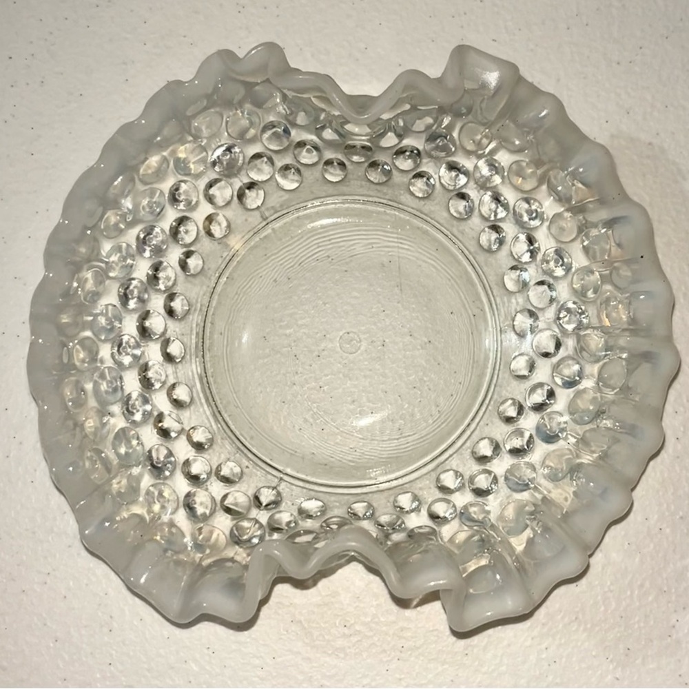 VTG Hobnail Clear & White Milk Glass Candy Dish w/Ruffled Folded Edge 6” EUC